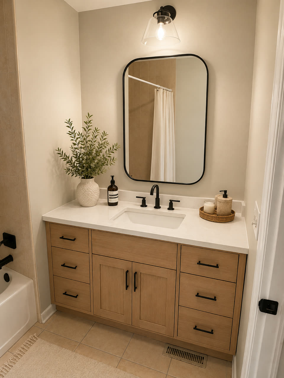 Remodeled bathroom vanity with light wood cabinetry, a white quartz countertop, black fixtures, and an oval mirror.