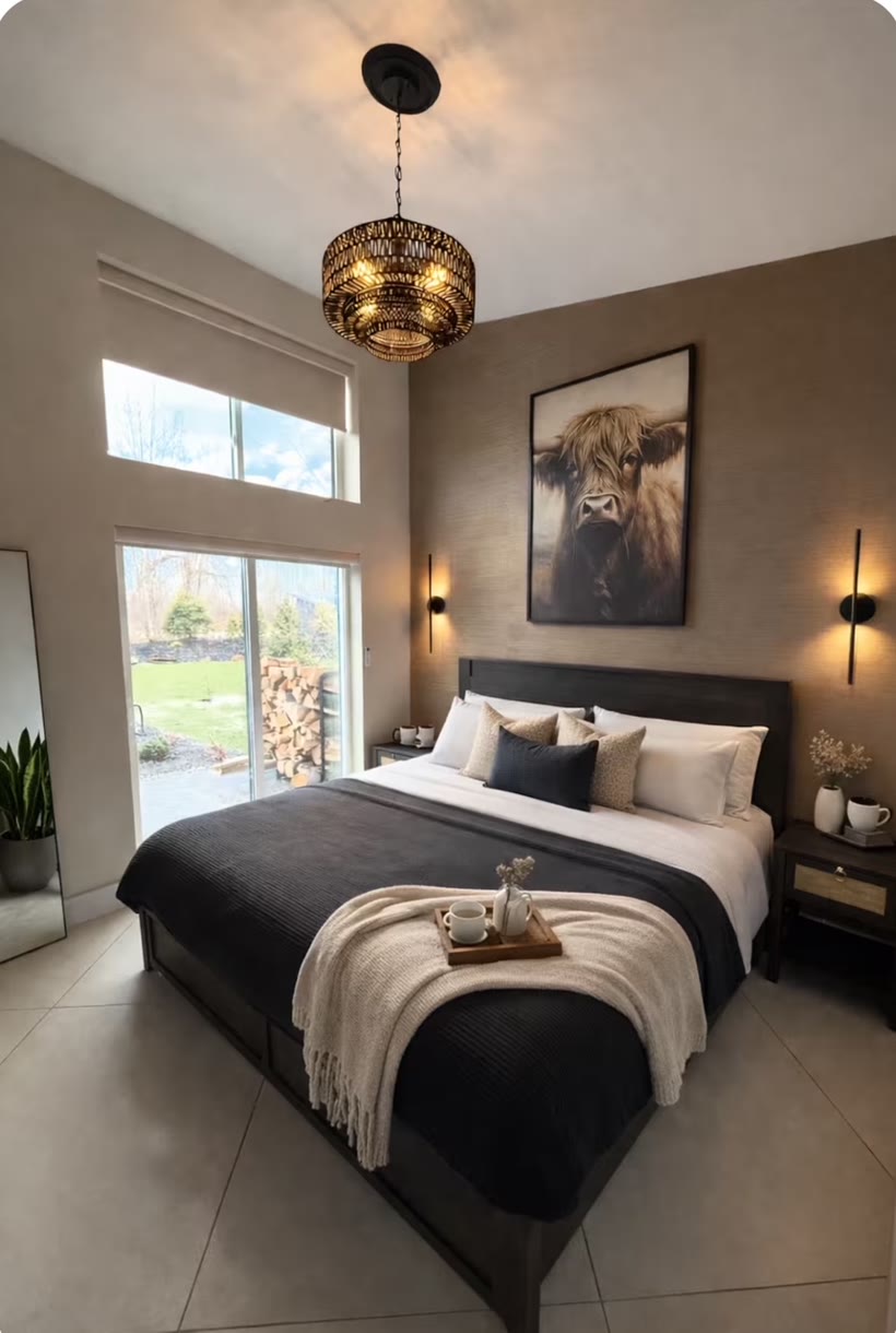 Primary bedroom with a dark upholstered bed, layered neutral bedding, and a walk-out patio.