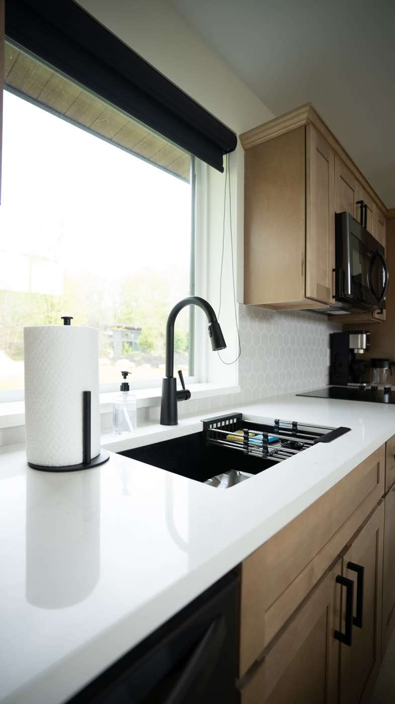 Remodeled kitchen with a black undermount sink, matte black faucet, white quartz counters, and light wood cabinetry beneath a bright window.